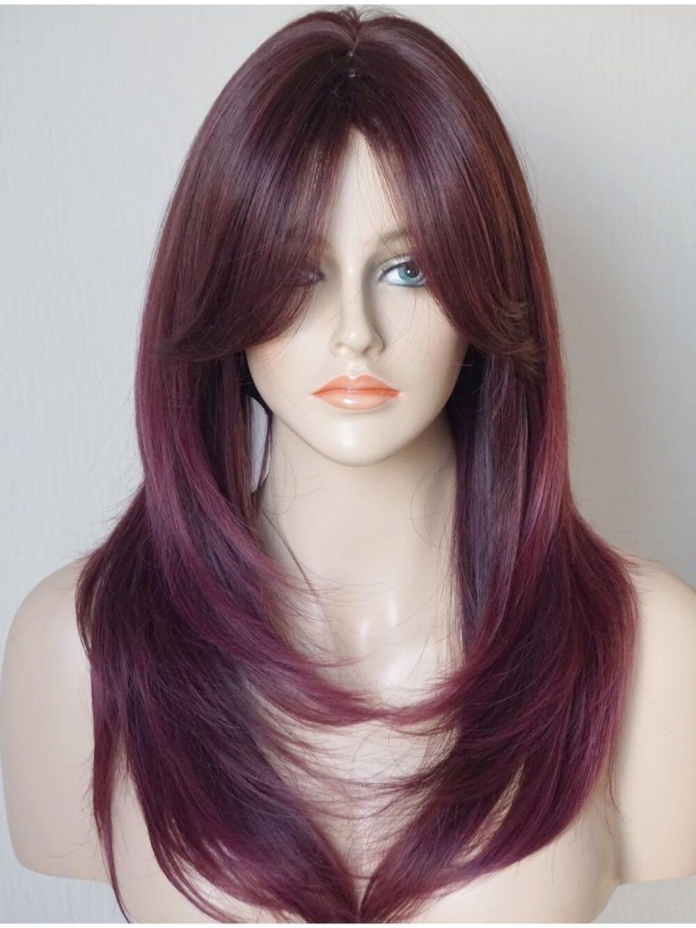 Women's Fashion Purple with Red Long Layered Shoulder Synthetic Highlight Wigs